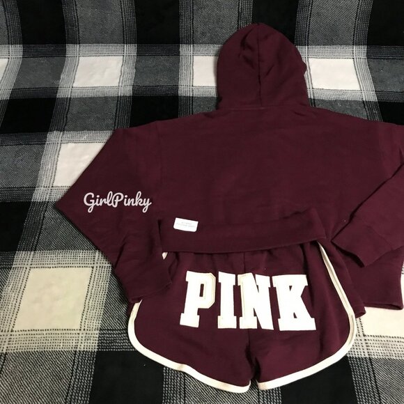 VS PINK IVY TERRY SHORTS OUTFIT & FULL ZIP BURGUNDY WITH LOGO ON THE BUTT XS-XXL - Picture 5 of 8